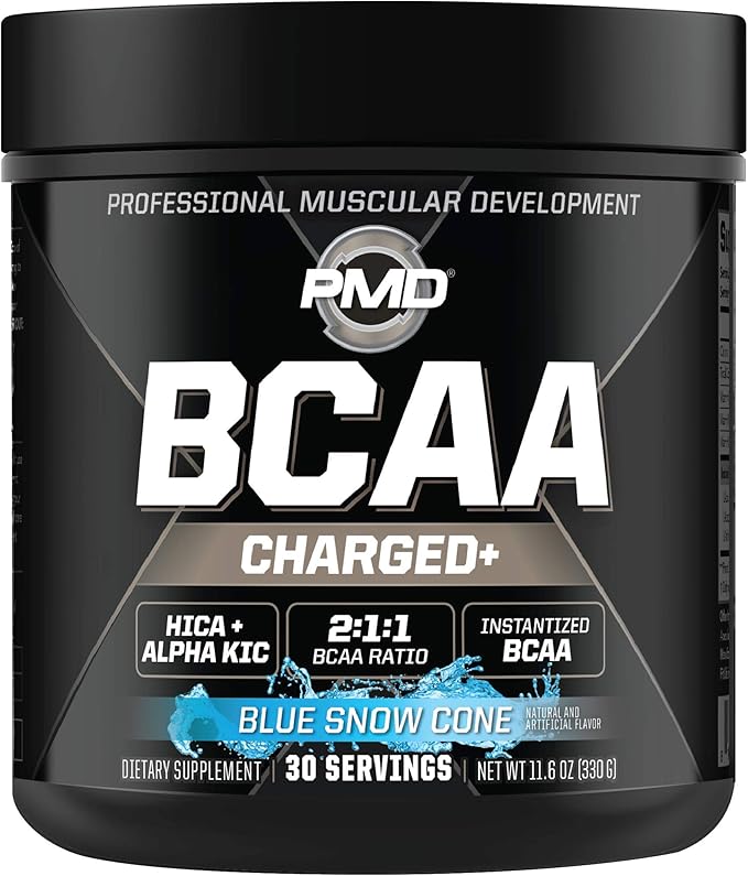 PMD Sports BCAA Charged Delicious Amino Acid Drink Mix for Performance, Recovery, Endurance, and Hydration - Increase Muscle Function for Workout and Daily Energy – Blue Snow Cone (30 Servings)
