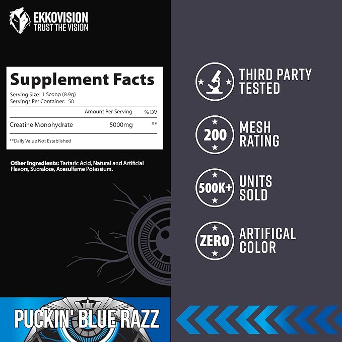 Creatine Monohydrate Powder, Micronized, Puckin' Blue Razz, Pre Workout & Post Workout Supplement for Men & Women, Energy Support, Easy to Mix in Shakes, Smoothies & Beverages, 50 Servings