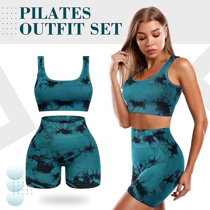 4 Pcs Women's Workout Sets Pilates Exercise Outfit Ribbed Scoop Neck Sports Bra Shorts Leggings Gym Clothes Set