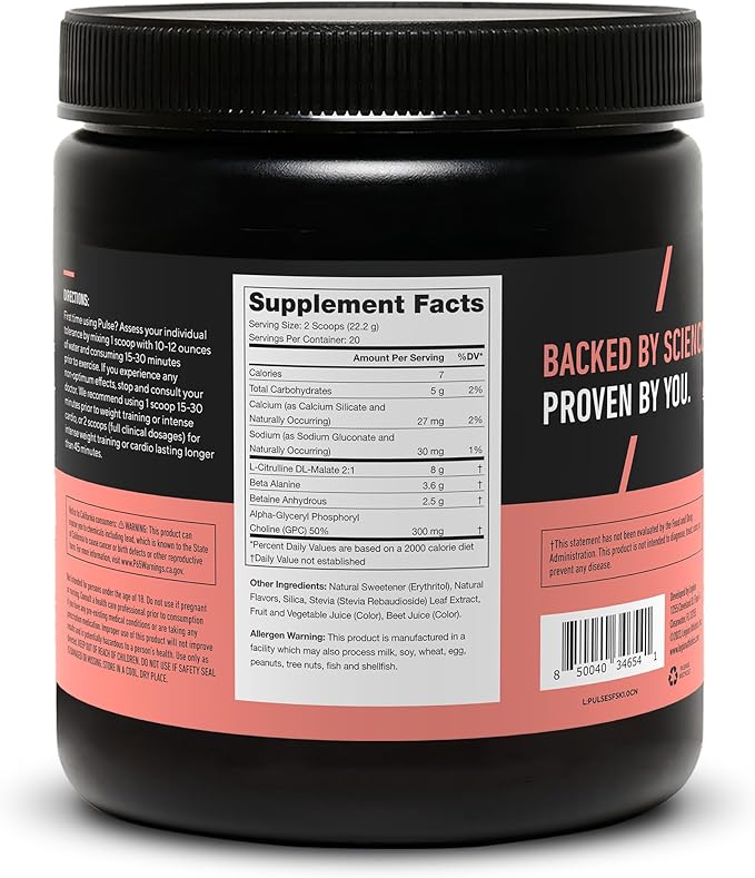 LEGION Pulse Pre Workout Supplement - All Natural Nitric Oxide Preworkout Drink Creatine Free Naturally Sweetened Beta Alanine Citrulline Alpha GPC - Caffeine Free Strawberry Kiwi Pre Workout Powder