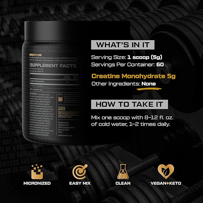 HOSSTILE Creatine, Micronized Creatine Monohydrate Powder for Men & Women, Improve Muscle Size, Strength & Power Output, Post Workout Recovery Drink, Unflavored, 60 Servings