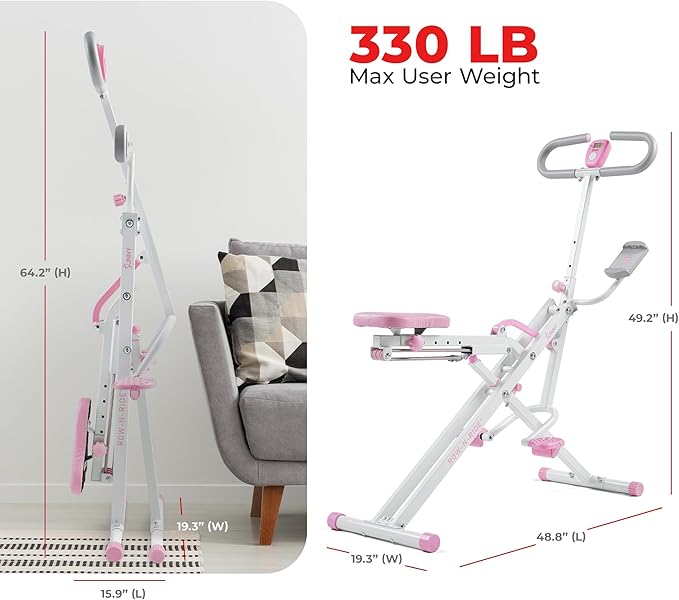 Sunny Health & Fitness Smart Upright Row-N-Ride Trainer w/Adjustable Resistance, Foldable Home Exercise Equipment for Arm, Glute & Leg Training, Free SunnyFit App Bluetooth Connect, Optional in Colors