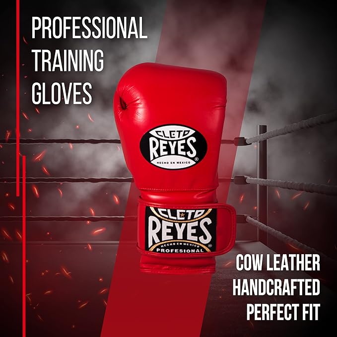 Cleto Reyes Training Gloves with Leather Strap & Attached Thumb and Hook & Loop Closure, 14oz, Classic Red