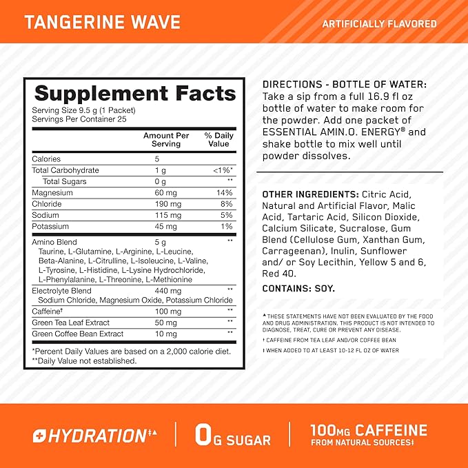 Optimum Nutrition Amino Energy Plus Hydration Packets, On-The-Go Energy Powder Stick Packs, Tangerine Wave, 25 Count