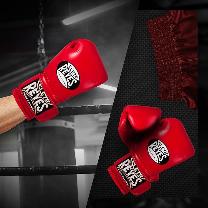 Cleto Reyes Training Gloves with Leather Strap & Attached Thumb and Hook & Loop Closure, 14oz, Classic Red