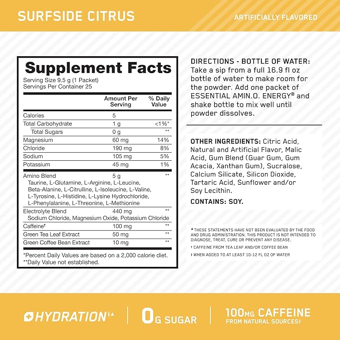 Optimum Nutrition Amino Energy Plus Hydration Packets, On-The-Go Energy Powder Stick Packs, Surfside Citrus, 25 Count