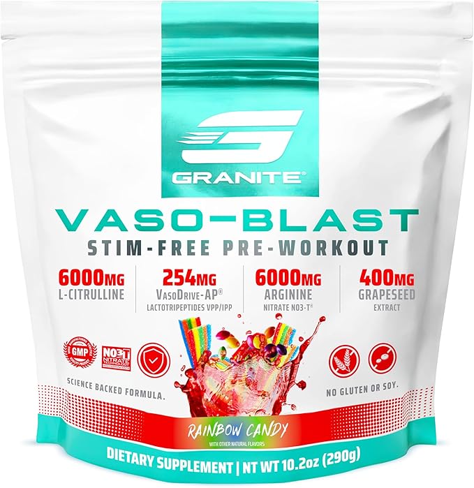 Granite Supplements Vaso Blast, Rainbow Candy Flavor, Stimulant-Free Pre Workout for Men & Women with Grapeseed Extract, Arginine Nitrite, & VasoDrive-AP for Max Pump (20 Servings)