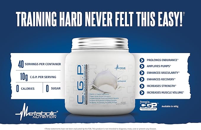Metabolic Nutrition, CGP, Creatine Glycerol Phosphate, 100% Micronized Creatine Powder, Pre Intra Post Workout Supplement, Blue Raspberry, 400 Grams (40 Servings)