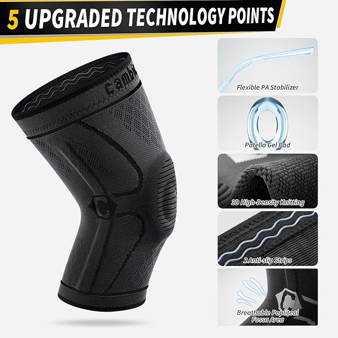 CAMBIVO Knee Brace for Men & Women, 2 Pack Knee Compression Sleeve for Knee Pain Relief, Knee Brace with Side Stabilizers & Patella Pad for Meniscus Tear, Gym Running Working Out(Large, STS-Black)