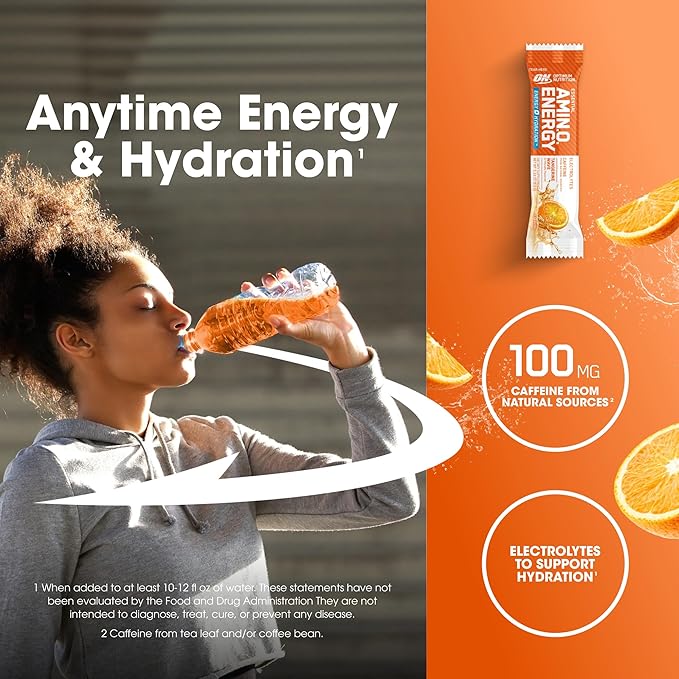 Optimum Nutrition Amino Energy Plus Hydration Packets, On-The-Go Energy Powder Stick Packs, Tangerine Wave, 25 Count