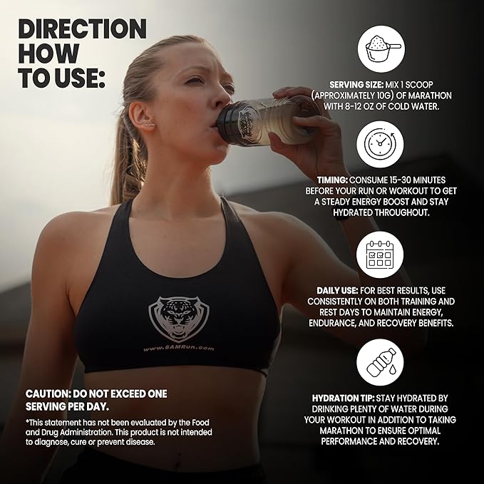 6AM Run Marathon, Pre Workout Powder for Distance Running, High Energy Amino Formula, for Cardio and Stamina, No Jitters, All Natural, Keto, Vegan, Peach Mango Flavor, 40 Servings