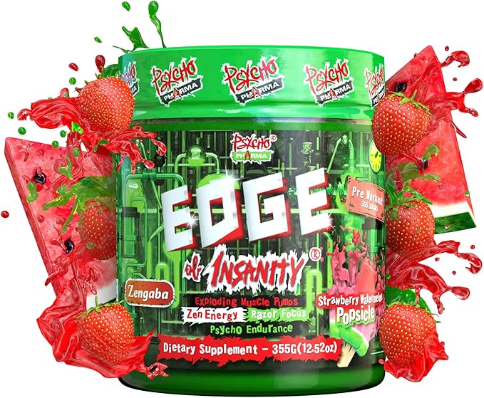 Psycho Pharma Strongest High Stim Preworkout Powder - Edge of Insanity - Most Intense Pre Workout Supplement for Pumps, Strength, Energy and Feel Good Focus. Rivals Famous PWOs of The Past
