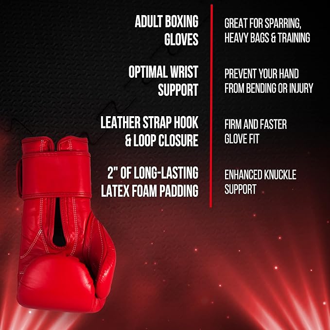 Cleto Reyes Training Gloves with Leather Strap & Attached Thumb and Hook & Loop Closure, 14oz, Classic Red