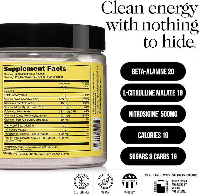 NAKED Energy - Stim Free Pre Workout Caffeine Free, for Men and Women, Vegan Friendly, No Artificial Sweeteners, Colors Or Flavors - 50 Servings