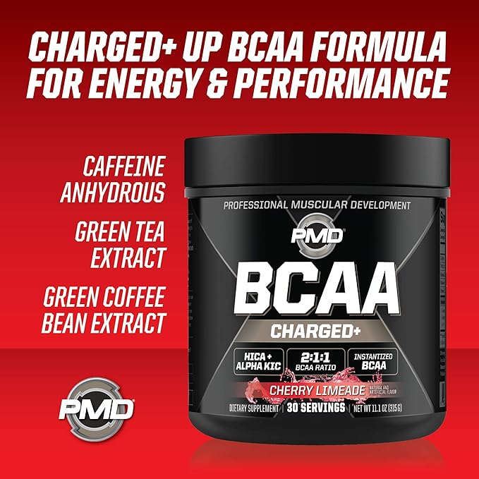 PMD Sports BCAA Charged Delicious Amino Acid Drink Mix for Performance, Recovery, Endurance and Hydration - Increase Muscle Function for Workout and Daily Energy – Cherry Limeade (30 Servings)