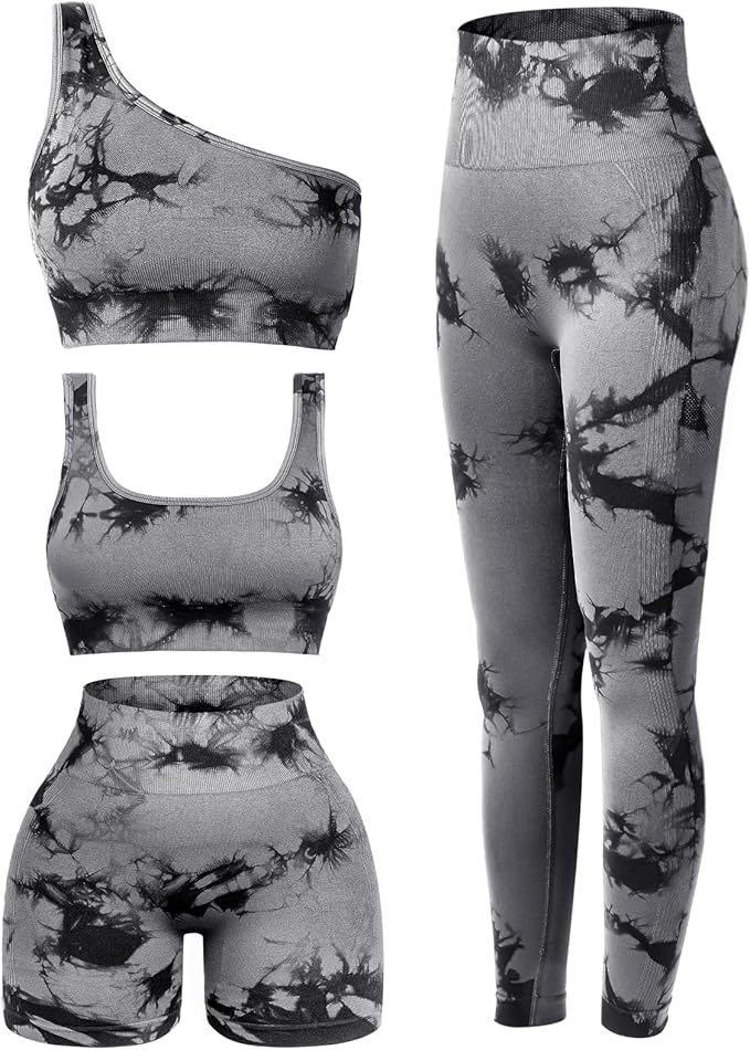 4 Pcs Women's Workout Sets Pilates Exercise Outfit Ribbed Scoop Neck Sports Bra Shorts Leggings Gym Clothes Set
