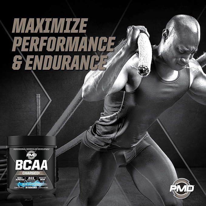 PMD Sports BCAA Charged Delicious Amino Acid Drink Mix for Performance, Recovery, Endurance, and Hydration - Increase Muscle Function for Workout and Daily Energy – Blue Snow Cone (30 Servings)