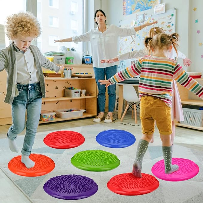 Amylove 6 Pcs Inflated Wobble Cushion Pump Wiggle Seat for Sensory Kids Flexible Seating Exercise Balance Disc Sensory Chair for Office School Home Equipment, Pump Included
