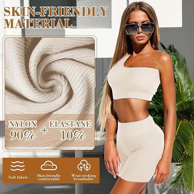 4 Pcs Women's Workout Sets Pilates Exercise Outfit Ribbed Scoop Neck Sports Bra Shorts Leggings Gym Clothes Set