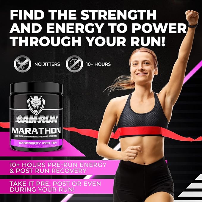 6AM Run Marathon, Pre-Workout Powder for Distance Running, Essential Amino Energy for Cardio & Stamina, All-Natural High-Energy Formula with No Jitters, Raspberry Iced Tea, 40 Servings