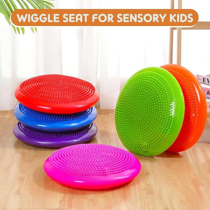 Amylove 6 Pcs Inflated Wobble Cushion Pump Wiggle Seat for Sensory Kids Flexible Seating Exercise Balance Disc Sensory Chair for Office School Home Equipment, Pump Included