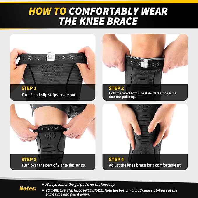 CAMBIVO Knee Brace for Men & Women, 2 Pack Knee Compression Sleeve for Knee Pain Relief, Knee Brace with Side Stabilizers & Patella Pad for Meniscus Tear, Gym Running Working Out(Large, STS-Black)