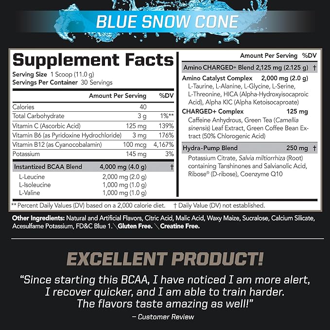 PMD Sports BCAA Charged Delicious Amino Acid Drink Mix for Performance, Recovery, Endurance, and Hydration - Increase Muscle Function for Workout and Daily Energy – Blue Snow Cone (30 Servings)