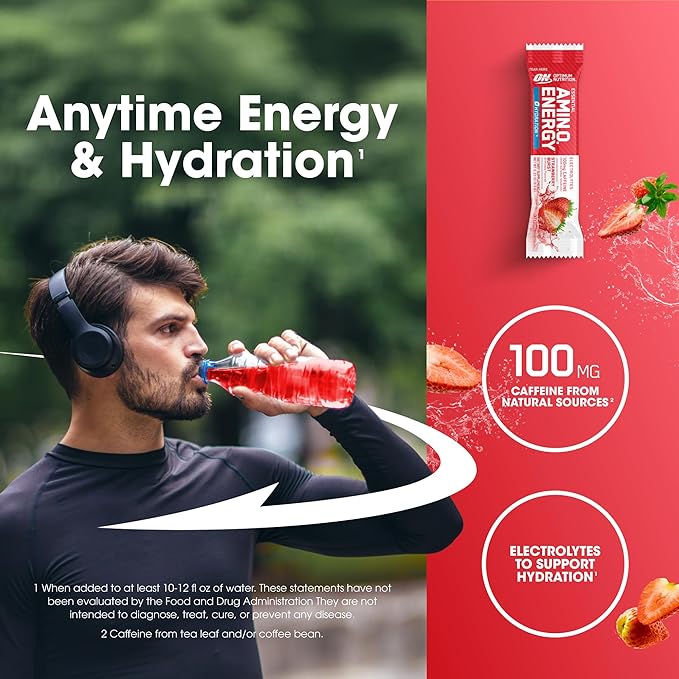Optimum Nutrition Amino Energy Plus Hydration Packets, On-The-Go Energy Powder Stick Packs, Strawberry Burst, 25 Count