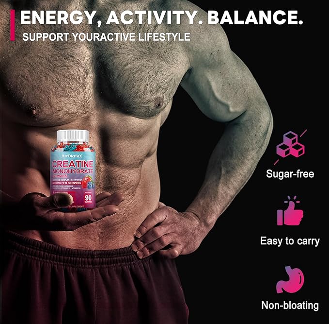 Creatine Monohydrate 8000mg Gummies with BCAA, L-Carnitine, Taurine & Vitamin B12 - Pre Workout Supplement for Muscle Growth, Strength & Energy, Multi-Flavor Chewable Gummies, 90 Count for Men & Women