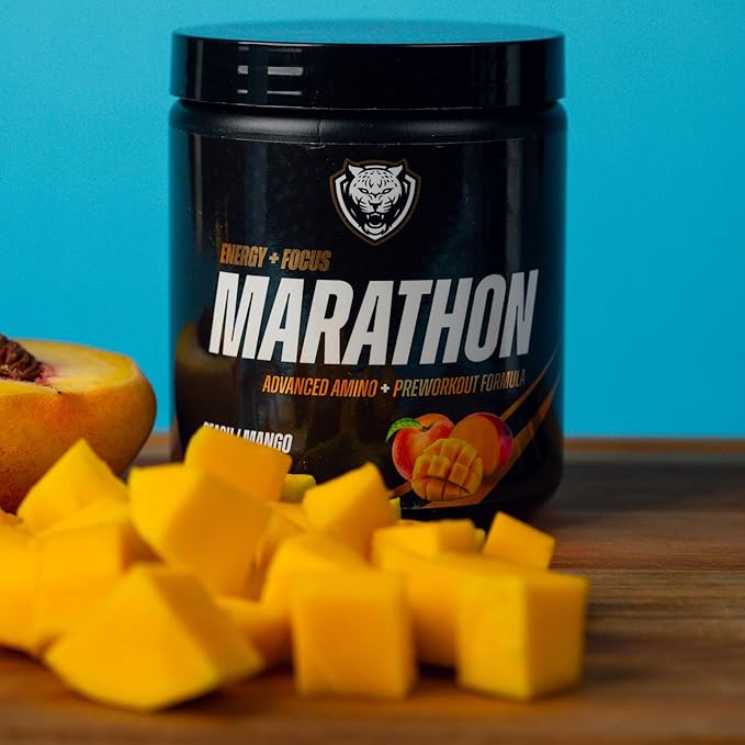 6AM Run Marathon, Pre Workout Powder for Distance Running, High Energy Amino Formula, for Cardio and Stamina, No Jitters, All Natural, Keto, Vegan, Peach Mango Flavor, 40 Servings