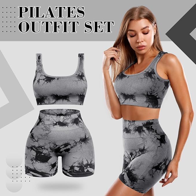 4 Pcs Women's Workout Sets Pilates Exercise Outfit Ribbed Scoop Neck Sports Bra Shorts Leggings Gym Clothes Set