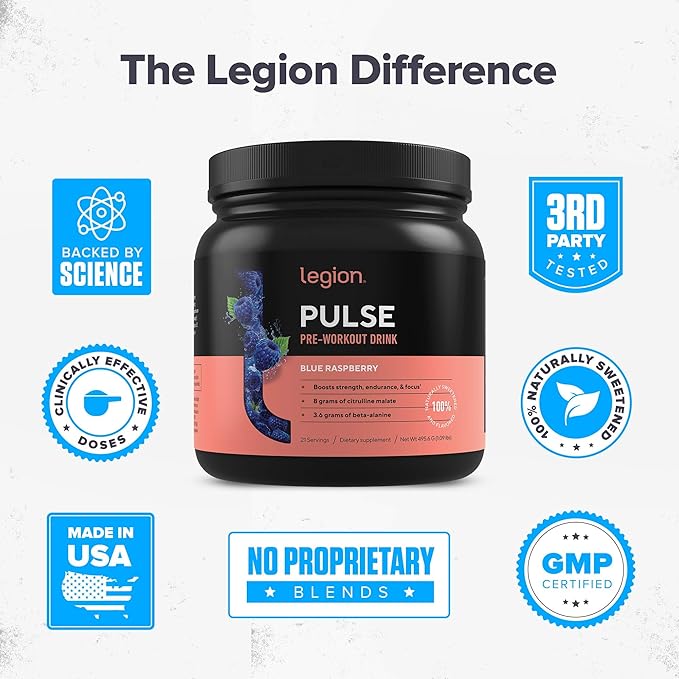 LEGION Pulse Pre Workout - All Natural Nitric Oxide Preworkout Drink to Boost Energy, Creatine Free, Naturally Sweetened, Beta Alanine, Citrulline, Alpha GPC (Blue Raspberry)