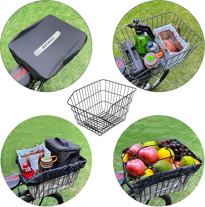RAYMACE Rear Bike Basket with Waterproof Cover,Bicycle Cargo Rack Storage Basket Mount for Back Under Seat