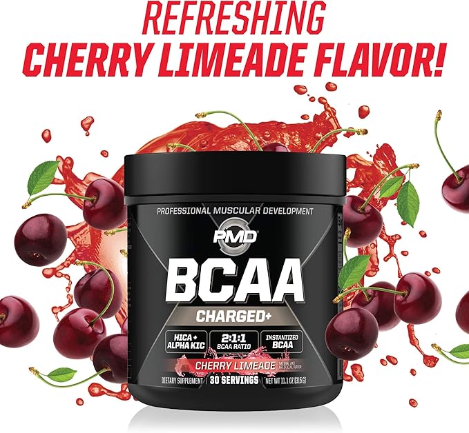 PMD Sports BCAA Charged Delicious Amino Acid Drink Mix for Performance, Recovery, Endurance and Hydration - Increase Muscle Function for Workout and Daily Energy – Cherry Limeade (30 Servings)