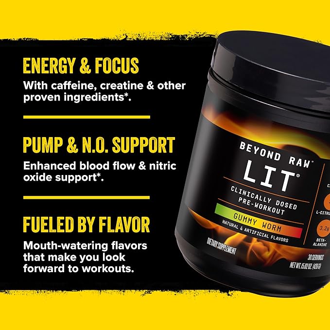 Beyond Raw LIT PreWorkout Powder Supplement For Men and Women, Energy, Focus, Endurance, Pumps, Nitric Oxide Boost, 250mg Caffeine, Creatine, Beta Alanine, Strawberry Lemonade, 30 Servings