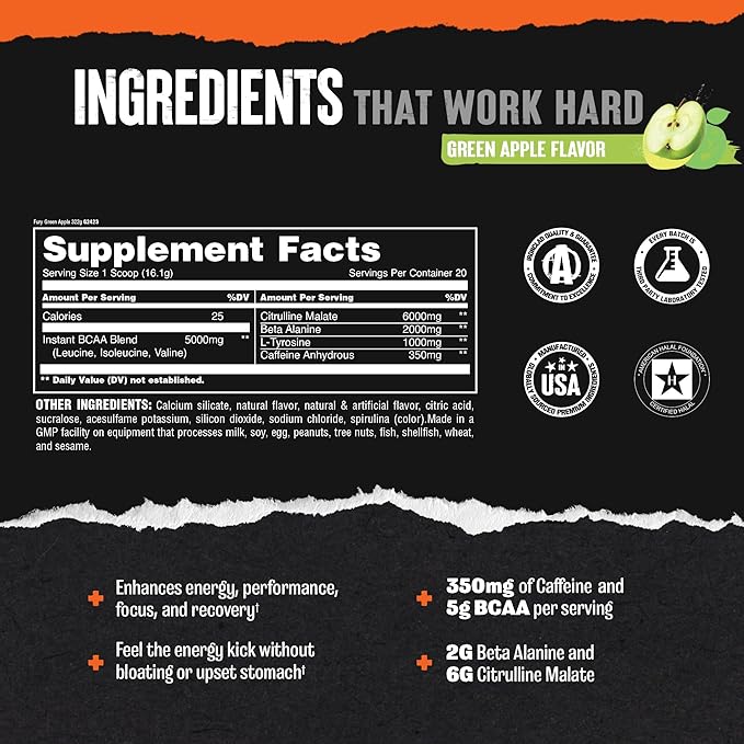 Animal Fury Pre Workout Powder Supplement – Energize Your Workout with More Focus, Energy, Endurance and Pumps, Green Apple - 20 Servings