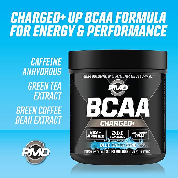 PMD Sports BCAA Charged Delicious Amino Acid Drink Mix for Performance, Recovery, Endurance, and Hydration - Increase Muscle Function for Workout and Daily Energy – Blue Snow Cone (30 Servings)