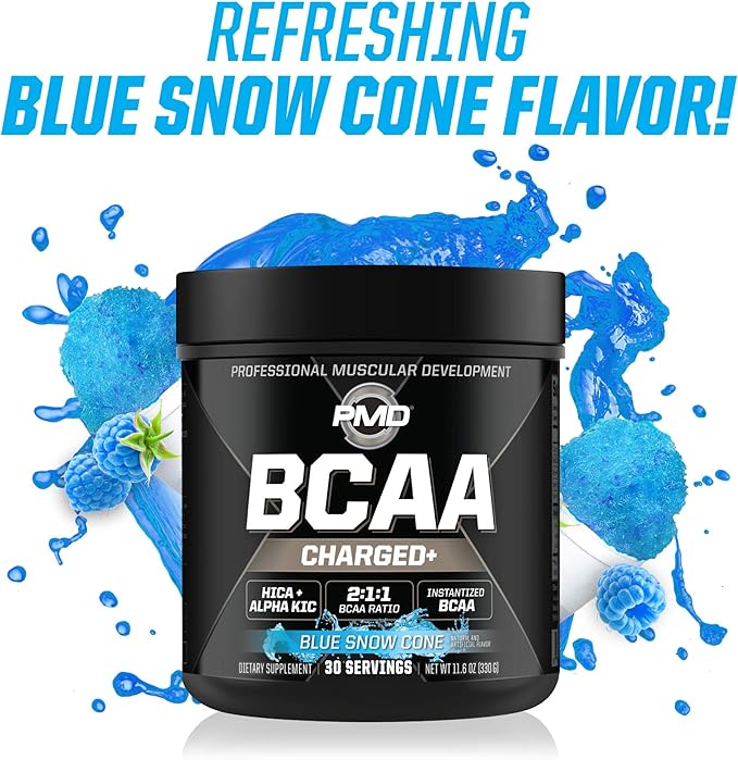 PMD Sports BCAA Charged Delicious Amino Acid Drink Mix for Performance, Recovery, Endurance, and Hydration - Increase Muscle Function for Workout and Daily Energy – Blue Snow Cone (30 Servings)