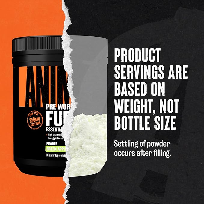 Animal Fury Pre Workout Powder Supplement – Energize Your Workout with More Focus, Energy, Endurance and Pumps, Green Apple - 20 Servings