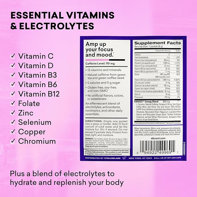 EBOOST Super Energy Powder Drink Mix, Non-GMO Electrolyte Supplement Loaded with Vitamins (Acai Pomegranate), 0.2 Ounce (Pack of 20)
