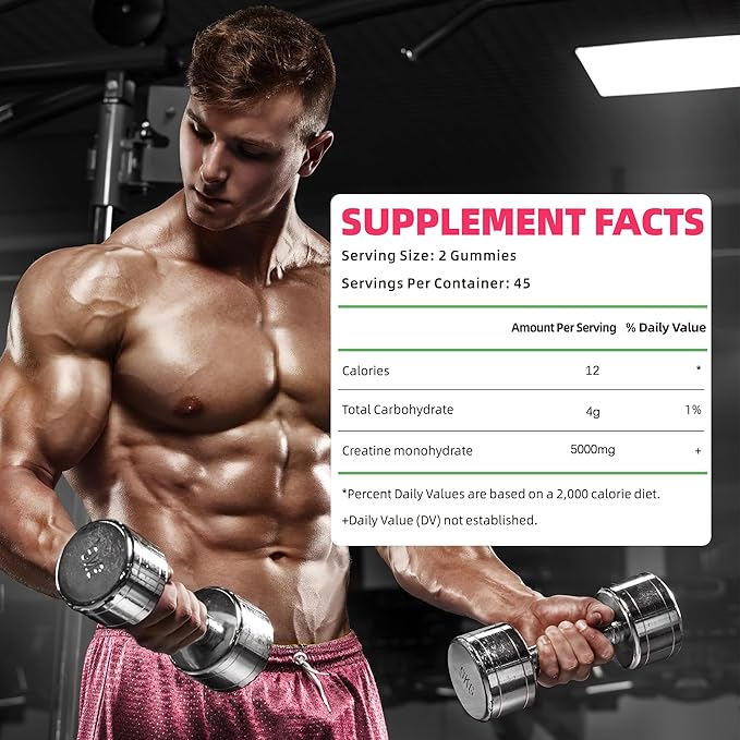 Creatine Monohydrate Gummies 5000mg for Men & Women, Chewables Creatine Monohydrate for Muscle Strength, Muscle Builder, Energy Boost, Pre-Workout Supplement(90 Count)-Strawberry Flavor