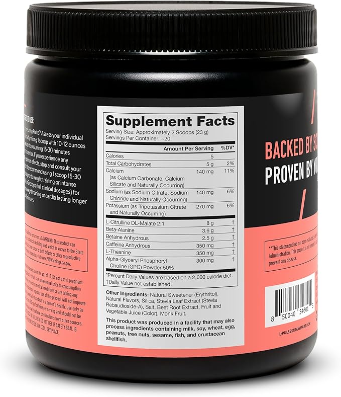 LEGION Pulse Pre Workout - All Natural Nitric Oxide Preworkout Drink to Boost Energy, Creatine Free, Naturally Sweetened, Beta Alanine, Citrulline, Alpha GPC (Strawberry Margarita)