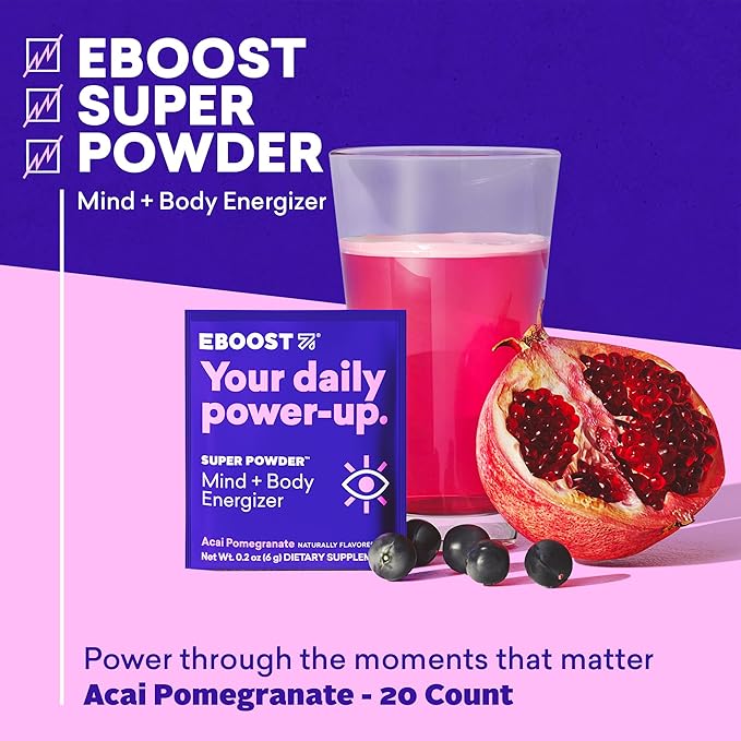 EBOOST Super Energy Powder Drink Mix, Non-GMO Electrolyte Supplement Loaded with Vitamins (Acai Pomegranate), 0.2 Ounce (Pack of 20)