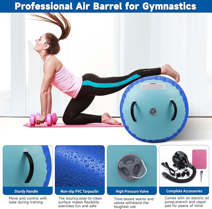 Air Barrel - Air Roller Gymnastics Barrel for Back Handspring Trainer, Air Track Tumble Mat with Pump for Gym Training/Yoga Balance Exercise/Cheerleading/Home and Outdoor Use