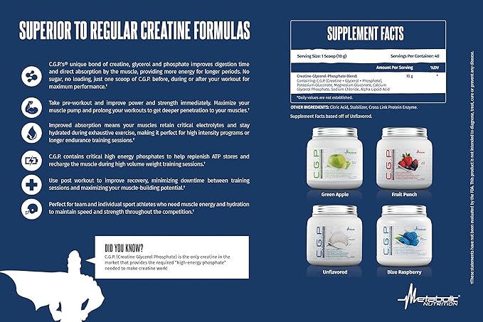 Metabolic Nutrition, CGP, Creatine Glycerol Phosphate, 100% Micronized Creatine Powder, Pre Intra Post Workout Supplement, Blue Raspberry, 400 Grams (40 Servings)