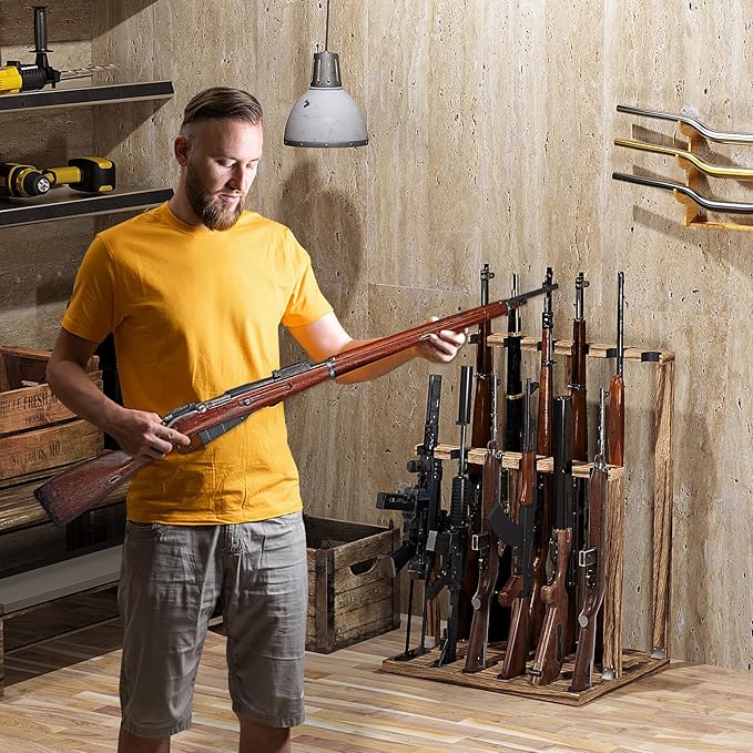 Indoor Gun Racks, Wooden Free Standing Heavy Duty Shotgun Display Rack, Rifle Stand Organizer, 12 Rifles Storage Holder Wood Gun Rack (Carbonized Black) (Carbonized Black, 1 Pack)
