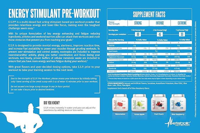 Metabolic Nutrition | ESP - Stimulating Pre Workout, Pre Intra Workout Supplement | Energy & Endurance Stimulating | Natural, Safe & Mental Focus | Blue Raspberry, 300 Grams (90 Servings)