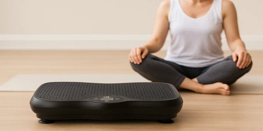A black vibration plate sits on a wooden floor in front of a woman in workout clothes, cross-legged on a yoga mat, ready for lymphatic drainage use.