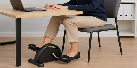 A woman pedals on a black under desk bike exerciser while working at a wooden desk in a modern office, wearing beige pants and black flats.