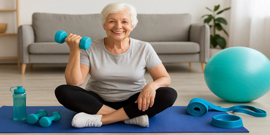 Smiling senior woman exercising on a yoga mat with dumbbells, resistance band, and stability ball, showcasing safe and easy home fitness equipment.